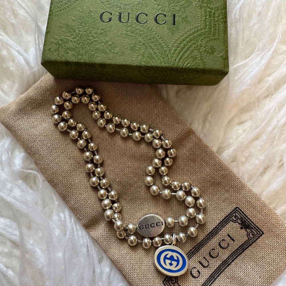 GUCCI 752438 GG Chain Necklace 925 Silver Boule Blue Enamel Unisex BNIB ITALY